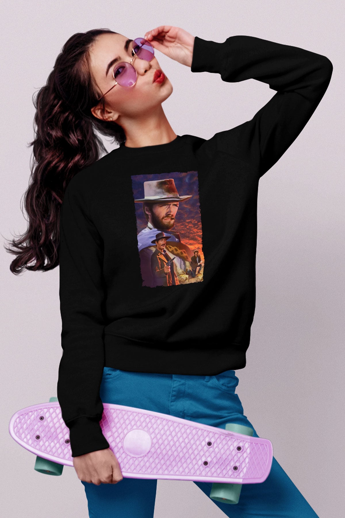 Unisex İyi, Kötü ve Çirkin (The Good, the Bad and the Ugly) Baskılı Siyah Sweatshirt