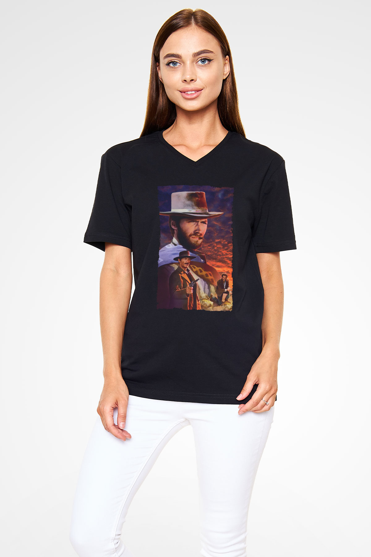 Unisex İyi, Kötü ve Çirkin (The Good, the Bad and the Ugly) Baskılı Siyah V Yaka T-shirt
