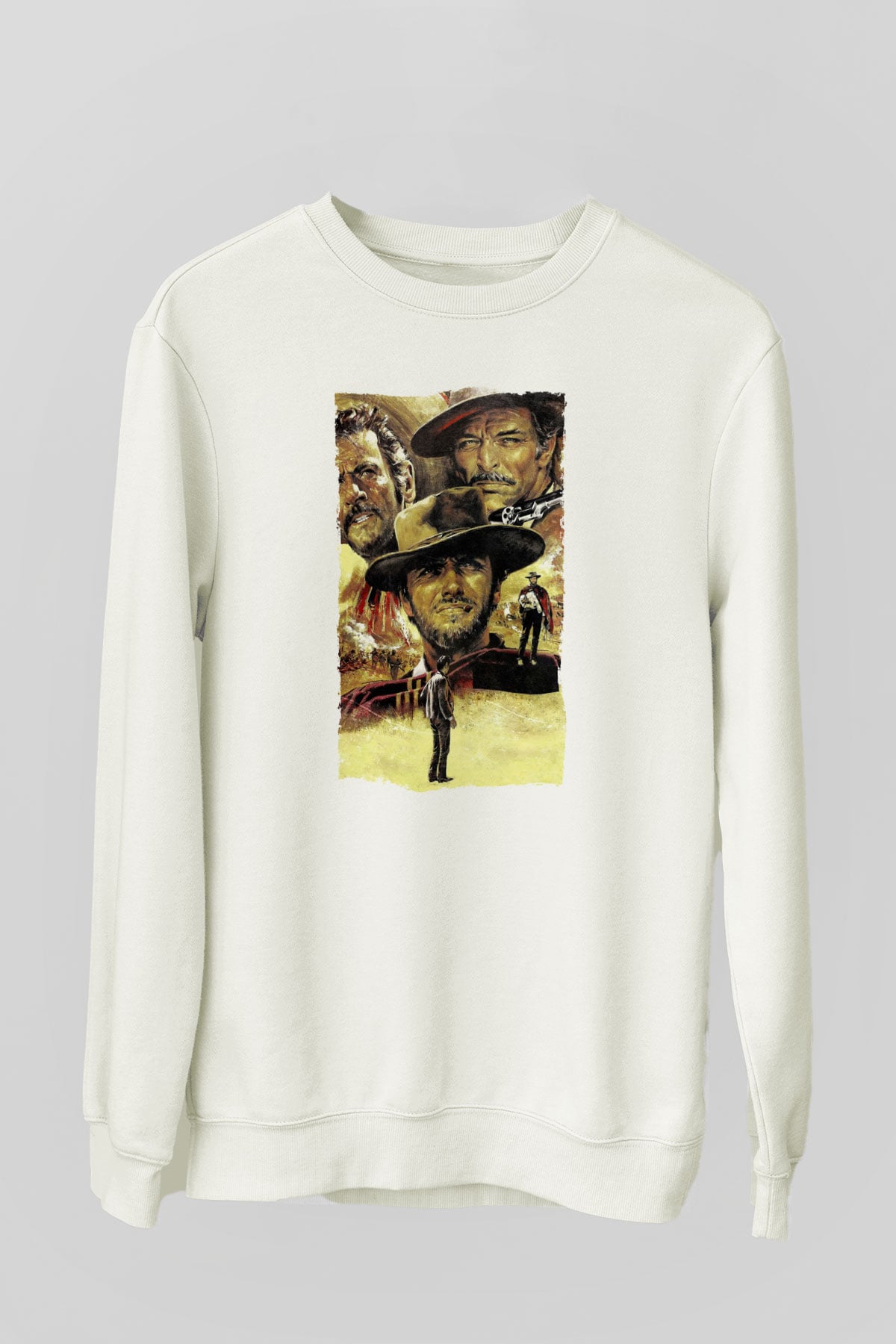 Unisex İyi, Kötü ve Çirkin (The Good, the Bad and the Ugly) Baskılı Beyaz Sweatshirt
