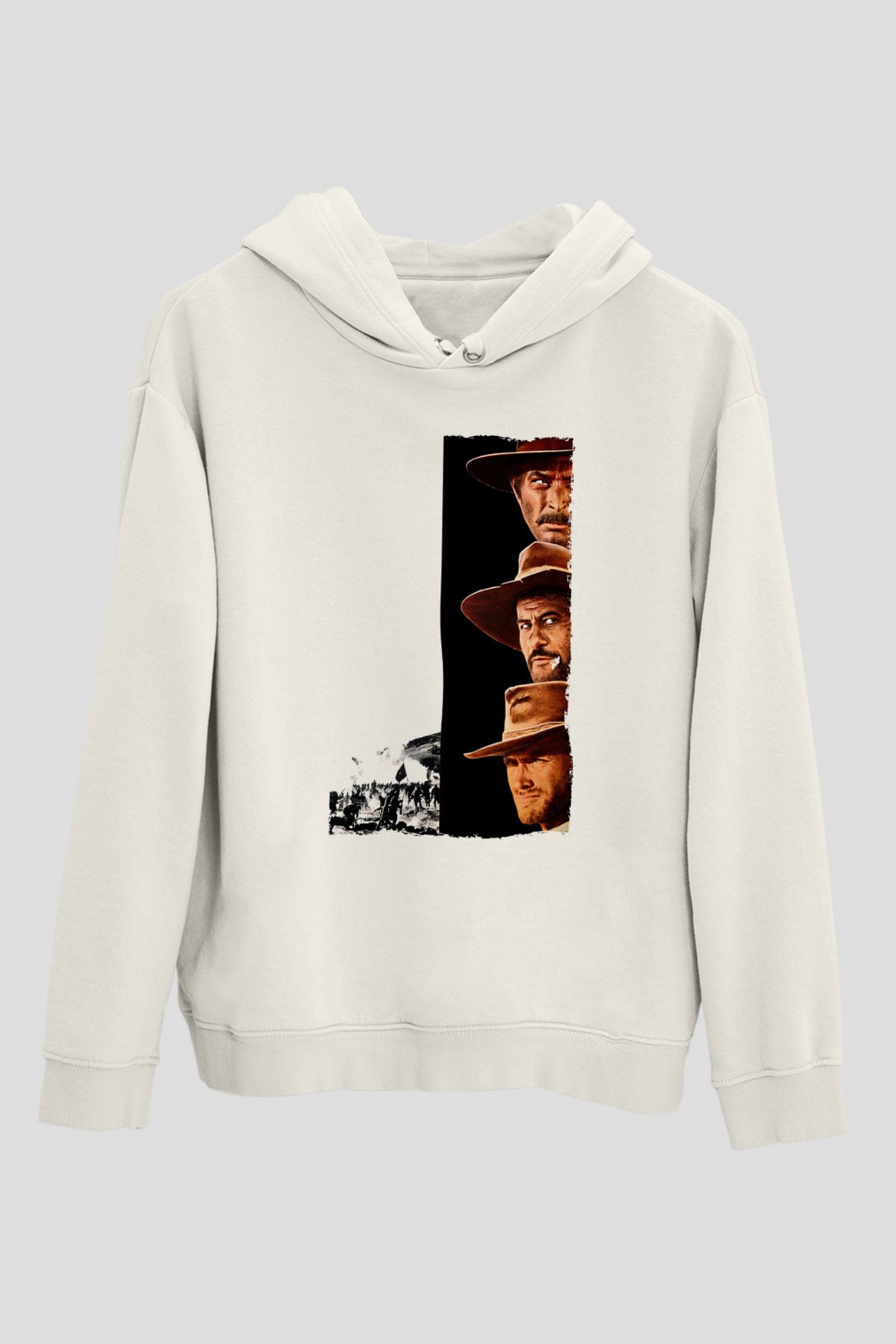 Unisex İyi, Kötü ve Çirkin (The Good, the Bad and the Ugly) Baskılı Beyaz Kapüşonlu Sweatshirt