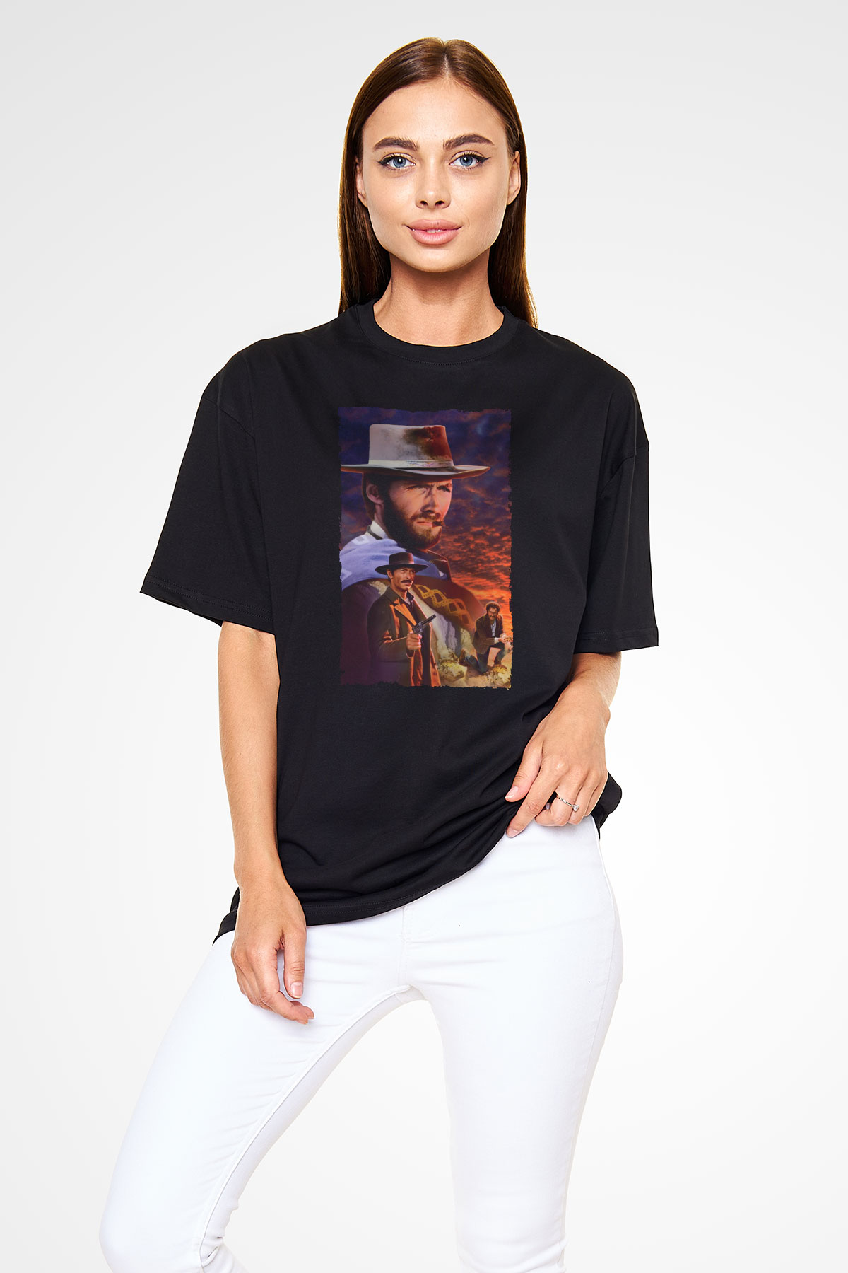 Unisex İyi, Kötü ve Çirkin (The Good, the Bad and the Ugly) Baskılı Siyah Oversize T-shirt