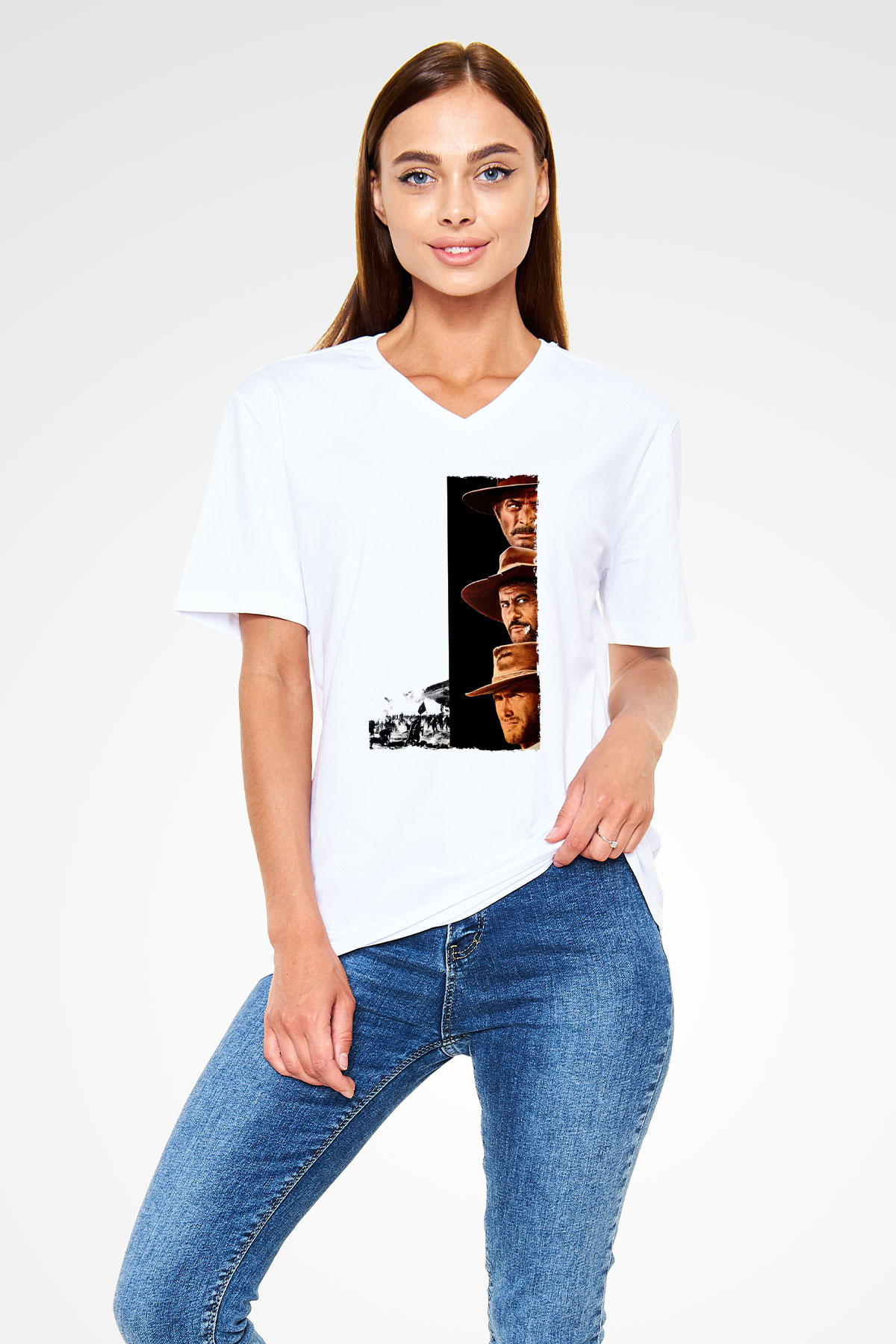 Unisex İyi, Kötü ve Çirkin (The Good, the Bad and the Ugly) Baskılı Beyaz V Yaka T-shirt
