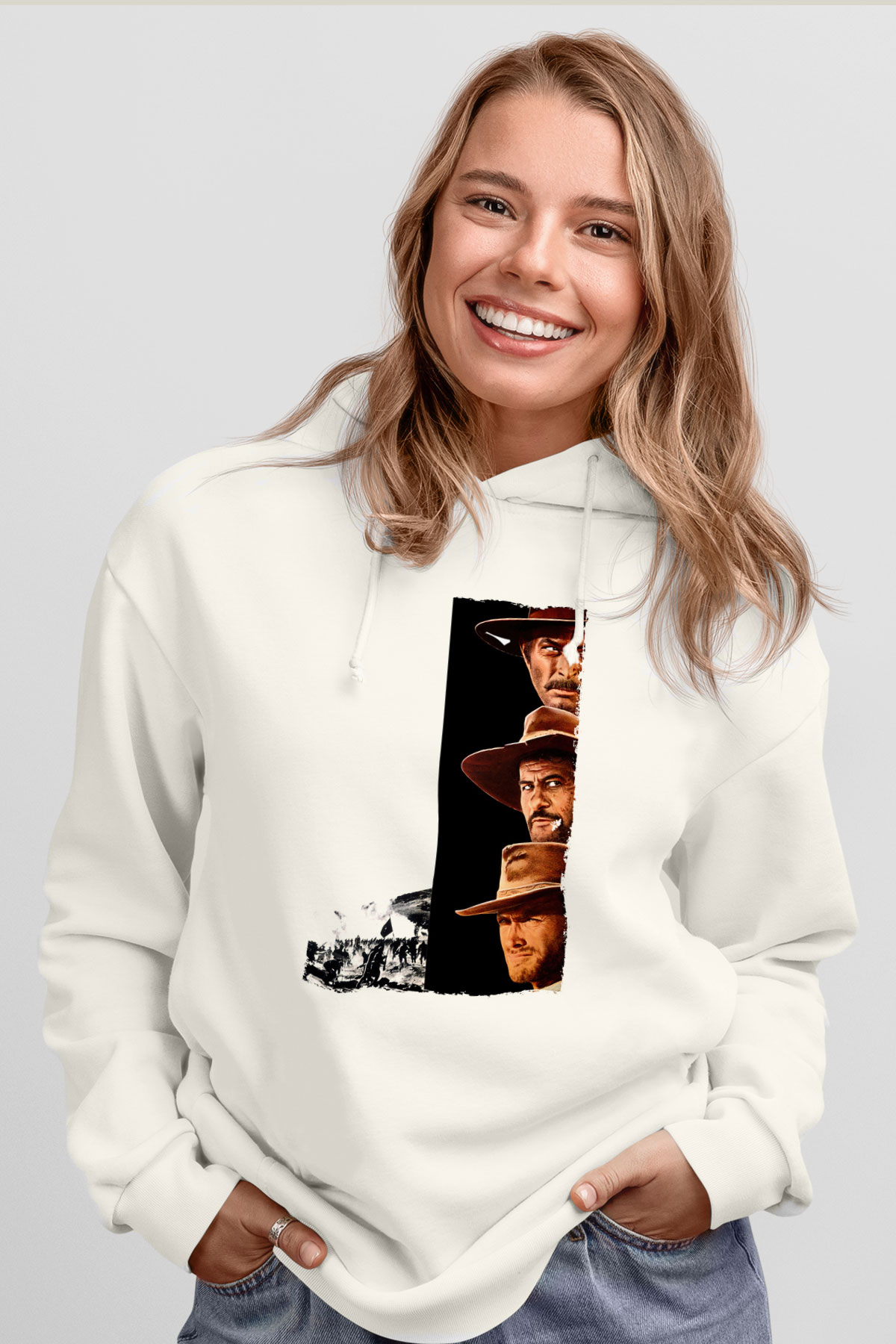 Unisex İyi, Kötü ve Çirkin (The Good, the Bad and the Ugly) Baskılı Beyaz Kapüşonlu Sweatshirt