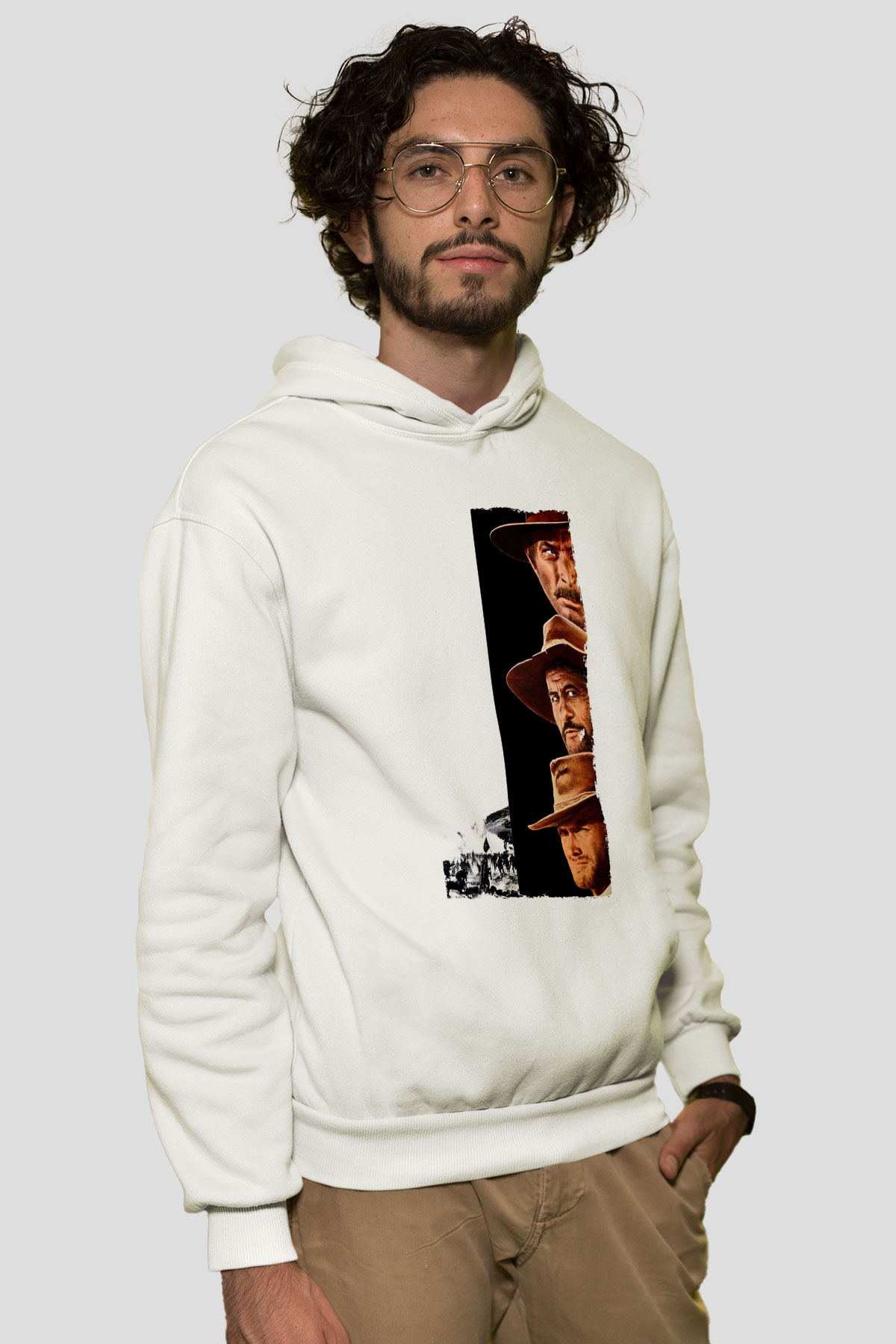 Unisex İyi, Kötü ve Çirkin (The Good, the Bad and the Ugly) Baskılı Beyaz Kapüşonlu Sweatshirt
