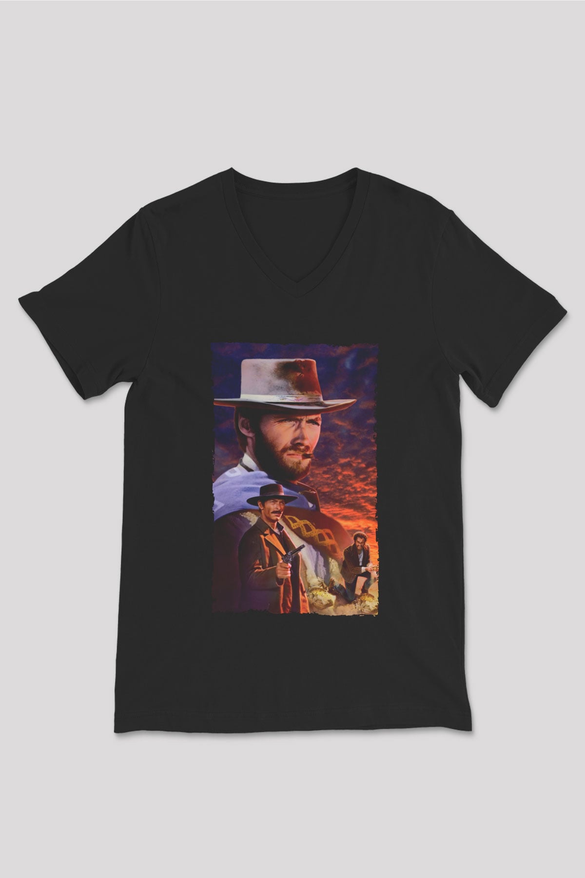 Unisex İyi, Kötü ve Çirkin (The Good, the Bad and the Ugly) Baskılı Siyah V Yaka T-shirt
