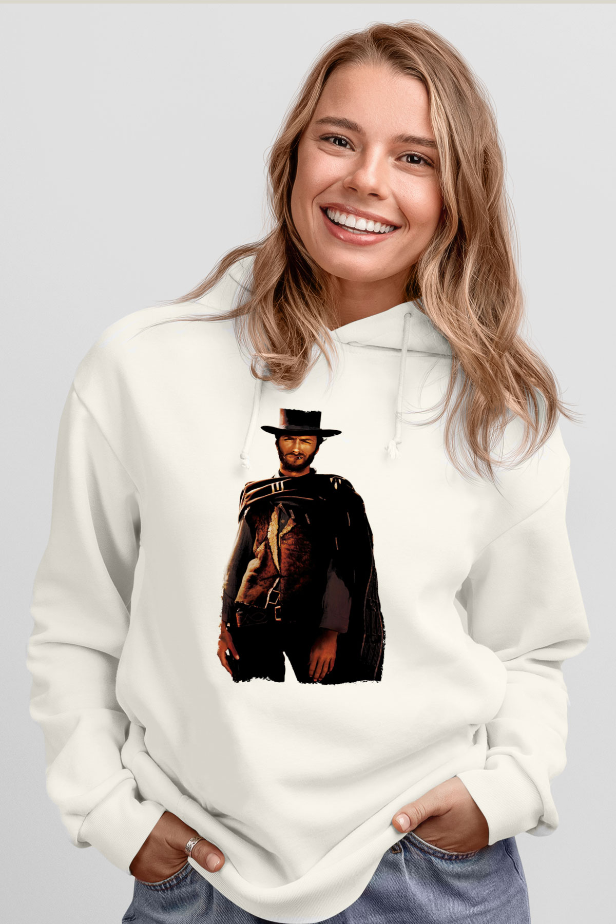 Unisex İyi, Kötü ve Çirkin (The Good, the Bad and the Ugly) Baskılı Beyaz Kapüşonlu Sweatshirt