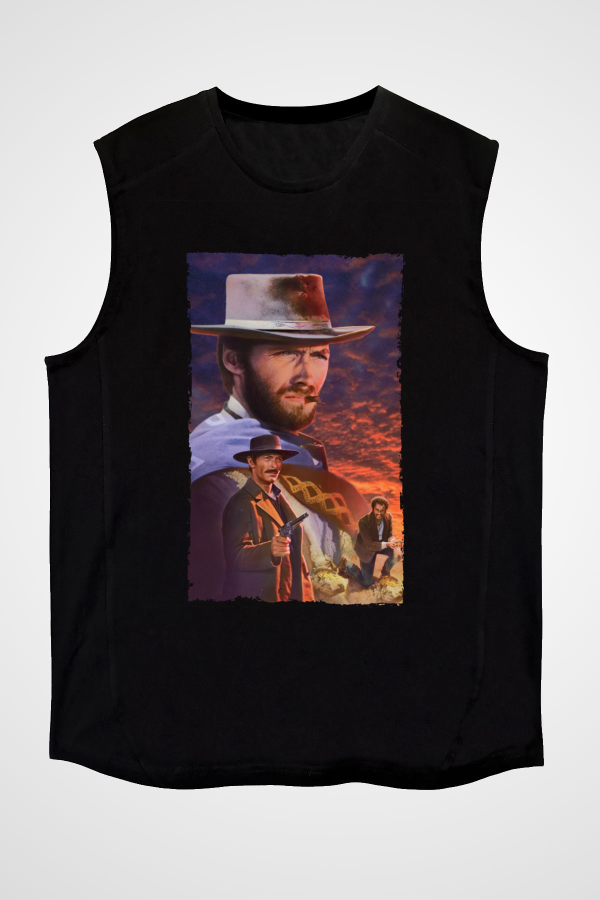 Unisex İyi, Kötü ve Çirkin (The Good, the Bad and the Ugly) Baskılı Siyah Kolsuz T-shirt