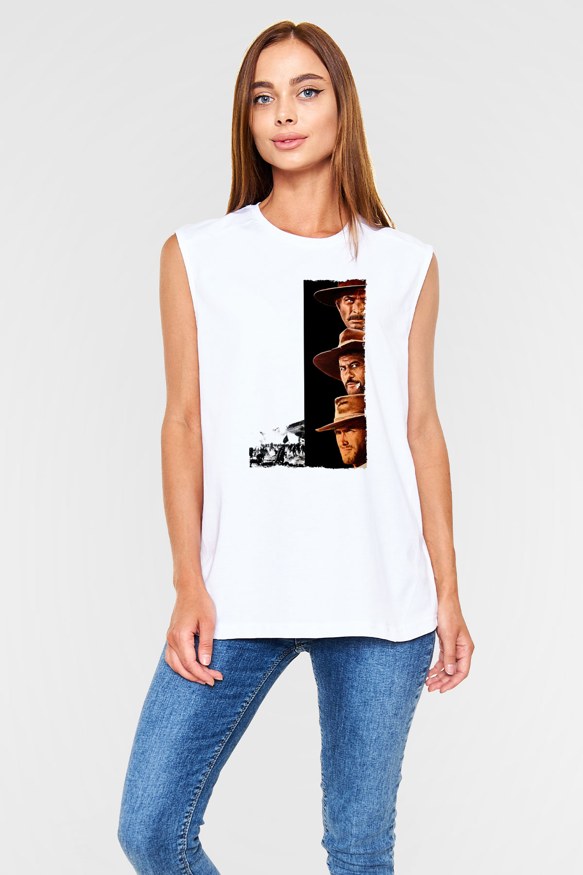 Unisex İyi, Kötü ve Çirkin (The Good, the Bad and the Ugly) Baskılı Beyaz Kolsuz T-shirt