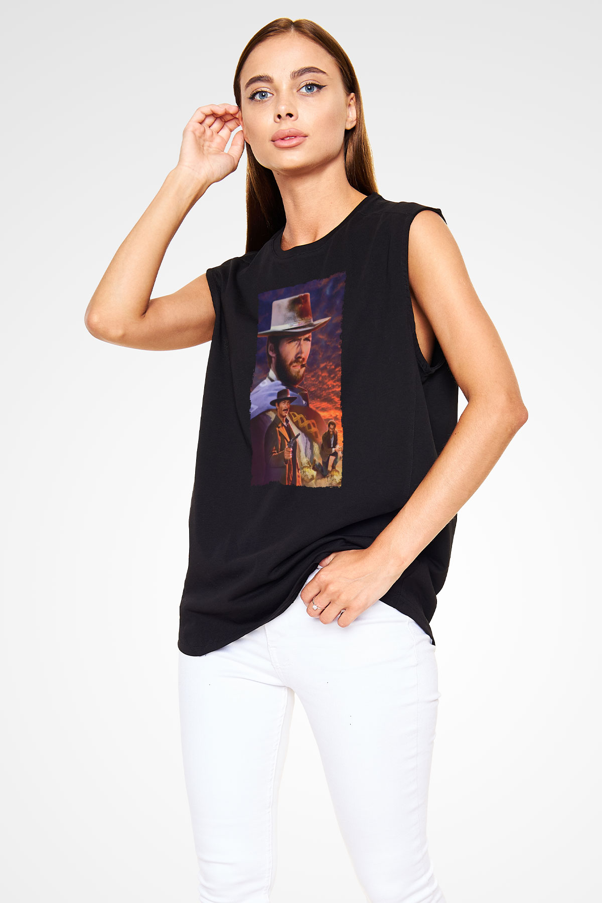 Unisex İyi, Kötü ve Çirkin (The Good, the Bad and the Ugly) Baskılı Siyah Kolsuz T-shirt