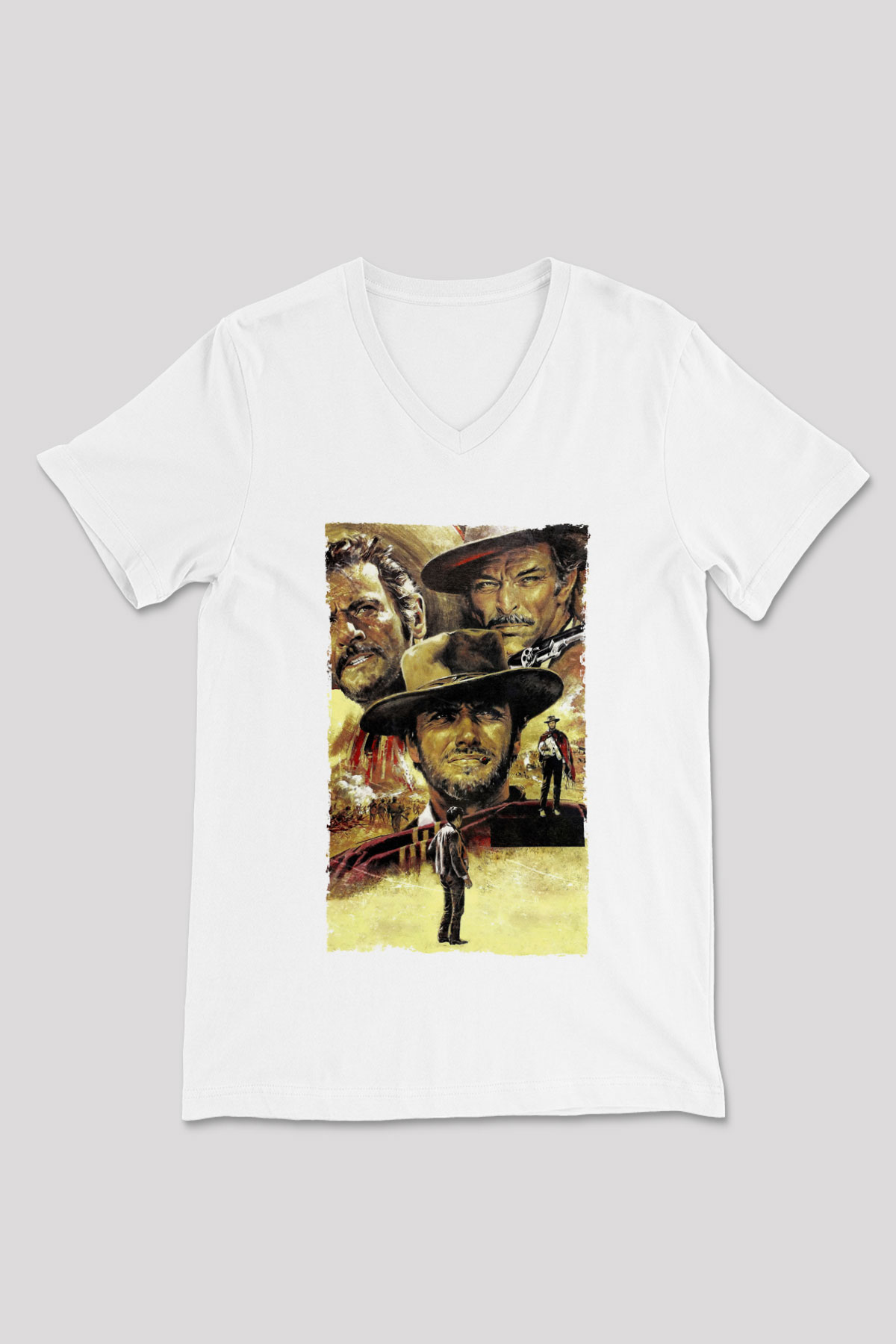 Unisex İyi, Kötü ve Çirkin (The Good, the Bad and the Ugly) Baskılı Beyaz V Yaka Tişört