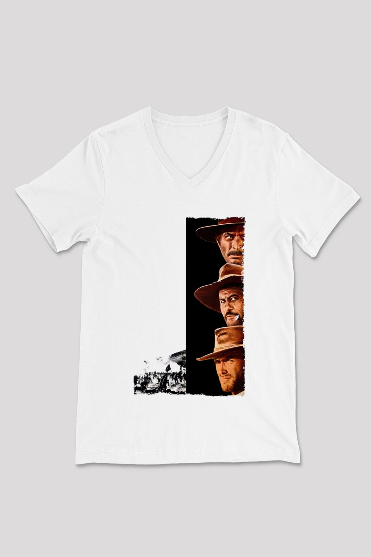 Unisex İyi, Kötü ve Çirkin (The Good, the Bad and the Ugly) Baskılı Beyaz V Yaka T-shirt