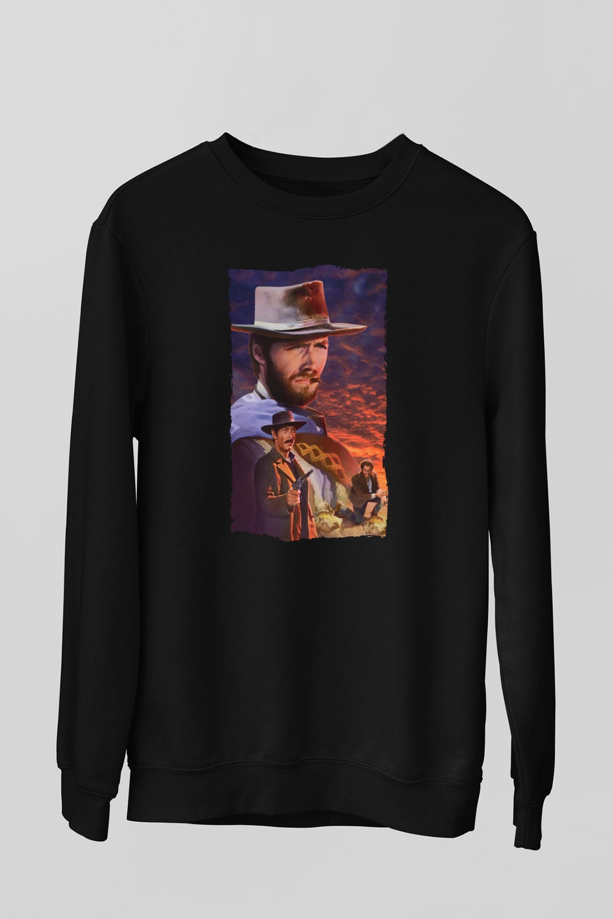 Unisex İyi, Kötü ve Çirkin (The Good, the Bad and the Ugly) Baskılı Siyah Sweatshirt