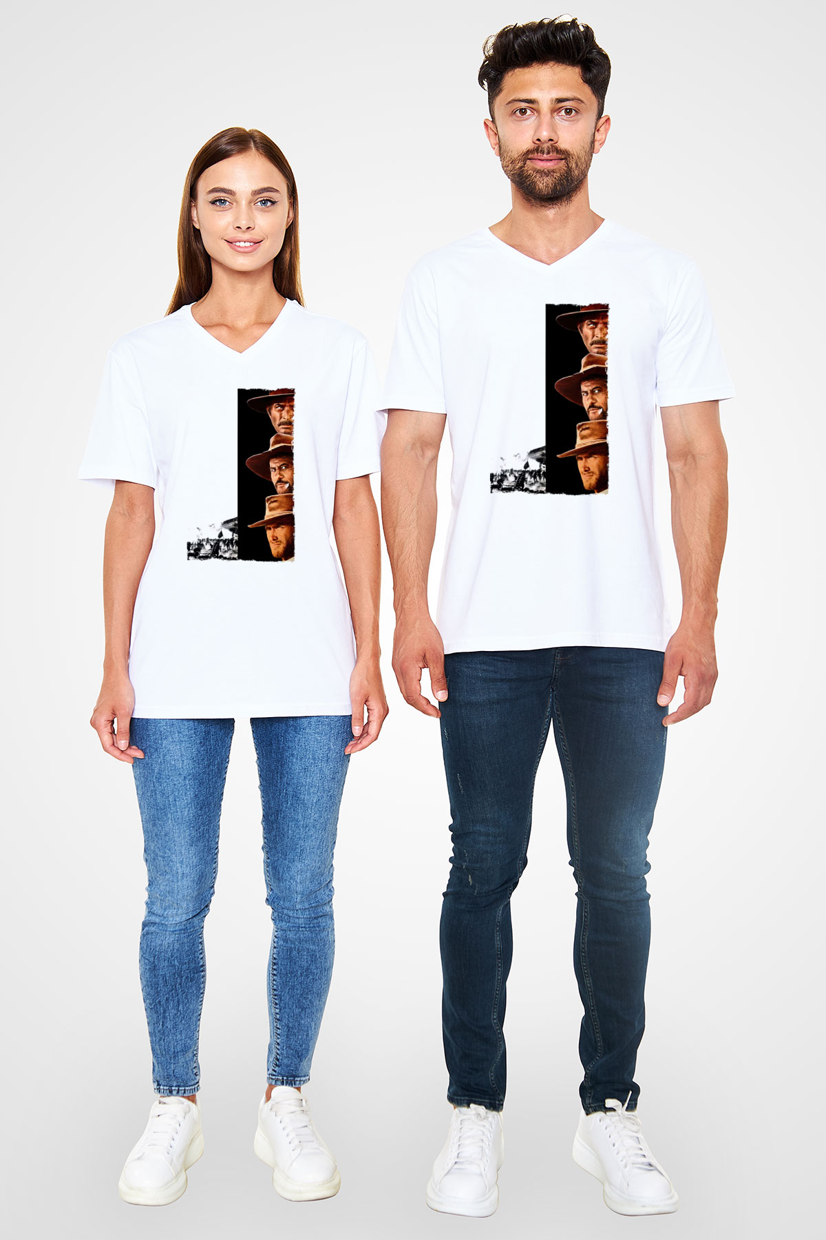 Unisex İyi, Kötü ve Çirkin (The Good, the Bad and the Ugly) Baskılı Beyaz V Yaka T-shirt