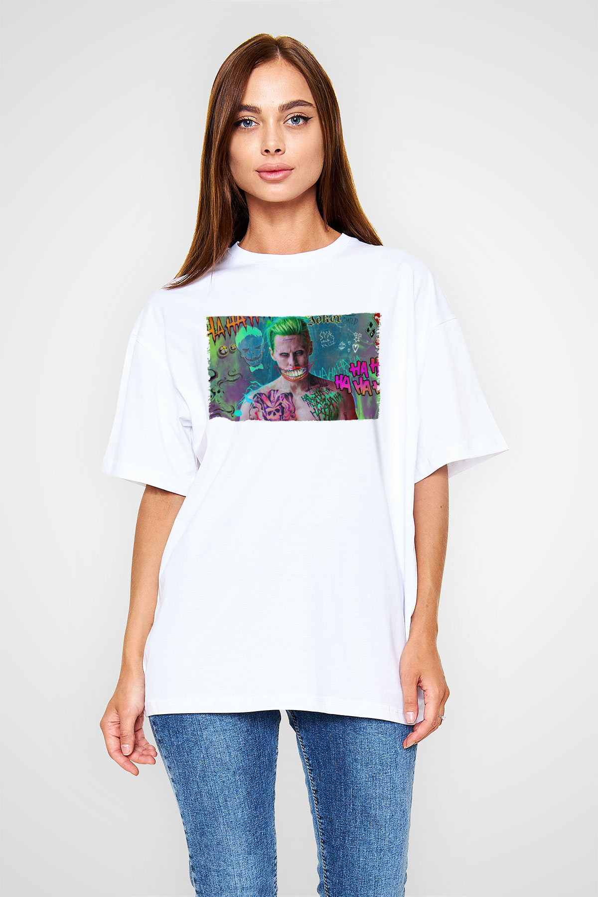 Unisex Jared Leto Joker Fanart Baskılı Beyaz Oversize Tişört