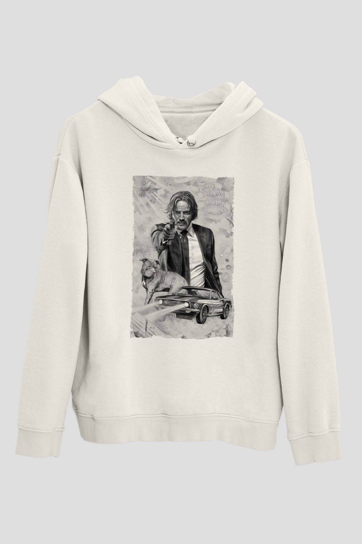 Unisex John Wick Baskılı Beyaz Kapüşonlu Sweatshirt