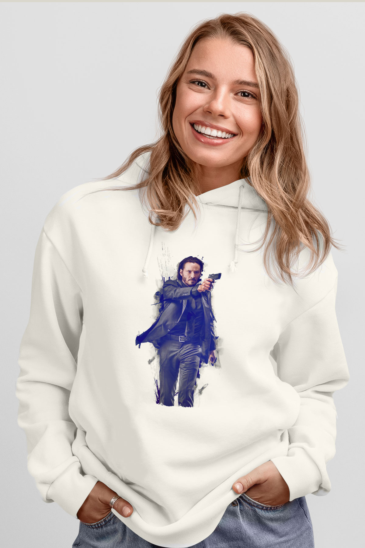 Unisex John Wick Baskılı Beyaz Kapüşonlu Sweatshirt