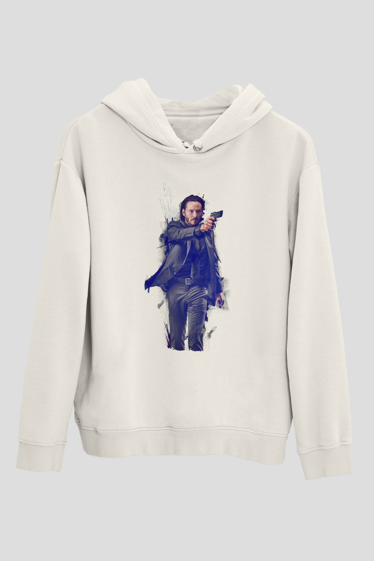 Unisex John Wick Baskılı Beyaz Kapüşonlu Sweatshirt