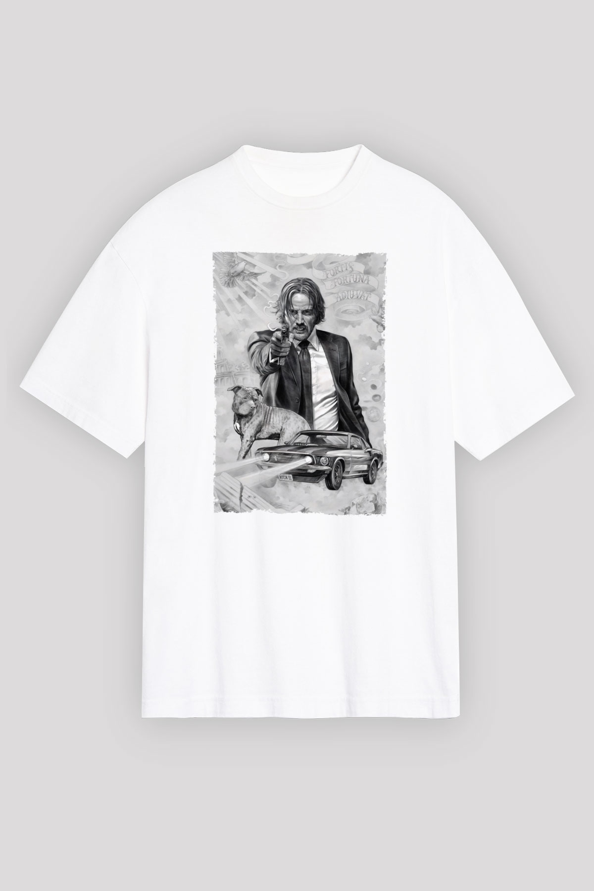 Unisex John Wick Baskılı Beyaz Oversize Oversize T-shirt