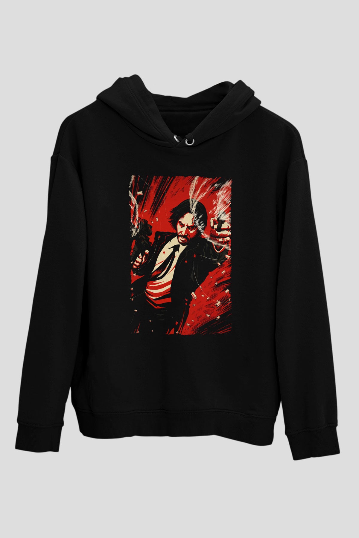 Unisex John Wick Baskılı Siyah Kapüşonlu Sweatshirt