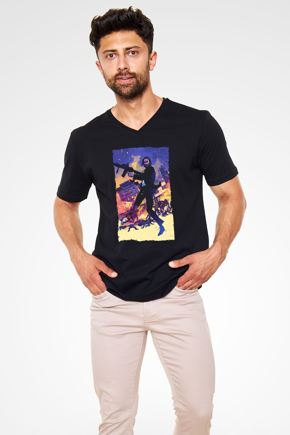 Unisex John Wick Baskılı Siyah Unisex V Yaka Tişört