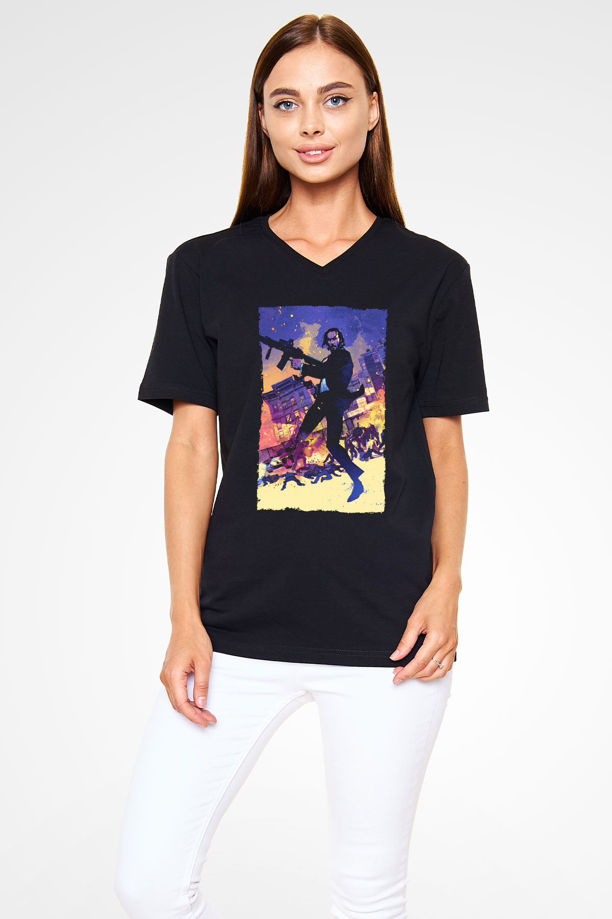 Unisex John Wick Baskılı Siyah Unisex V Yaka Tişört