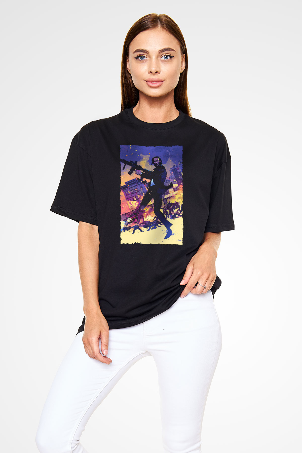 Unisex John Wick Baskılı Siyah Unisex Oversize Tişört