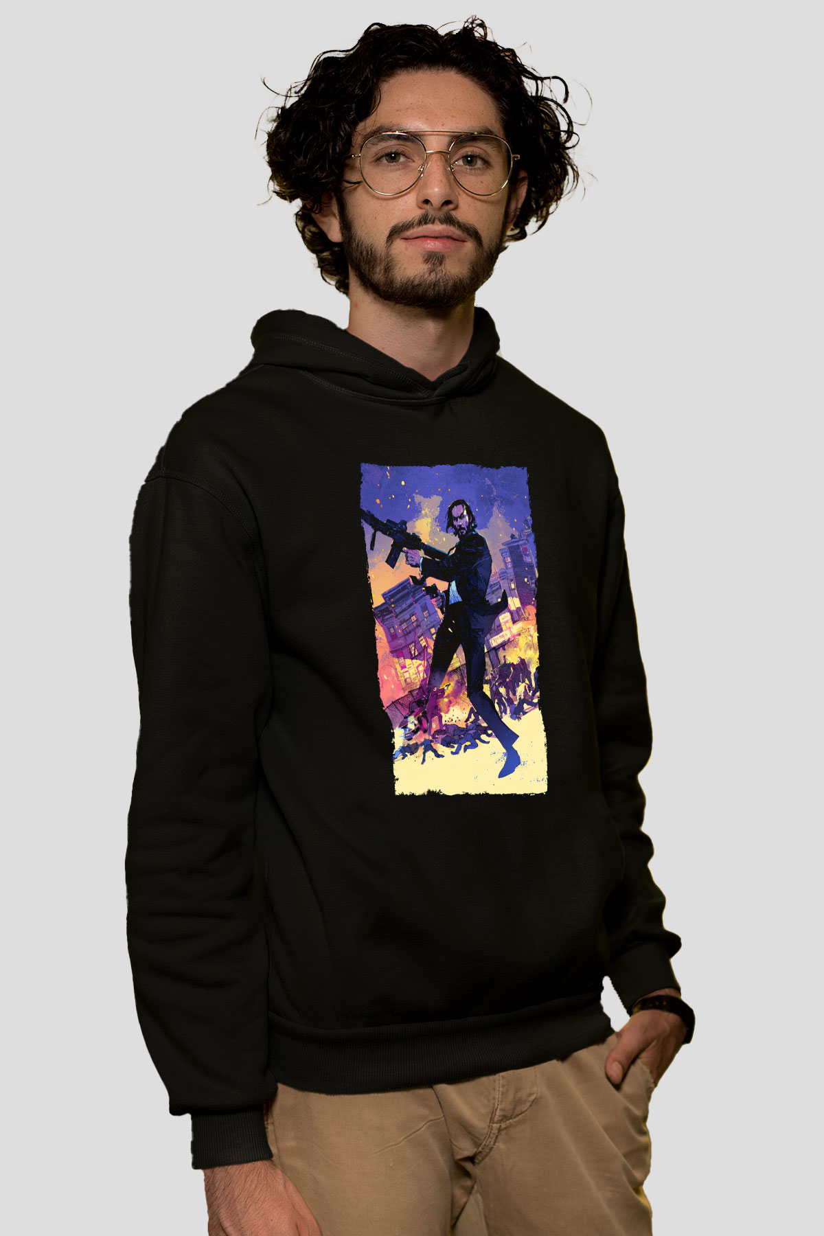 Unisex John Wick Baskılı Siyah Unisex Kapüşonlu Sweatshirt
