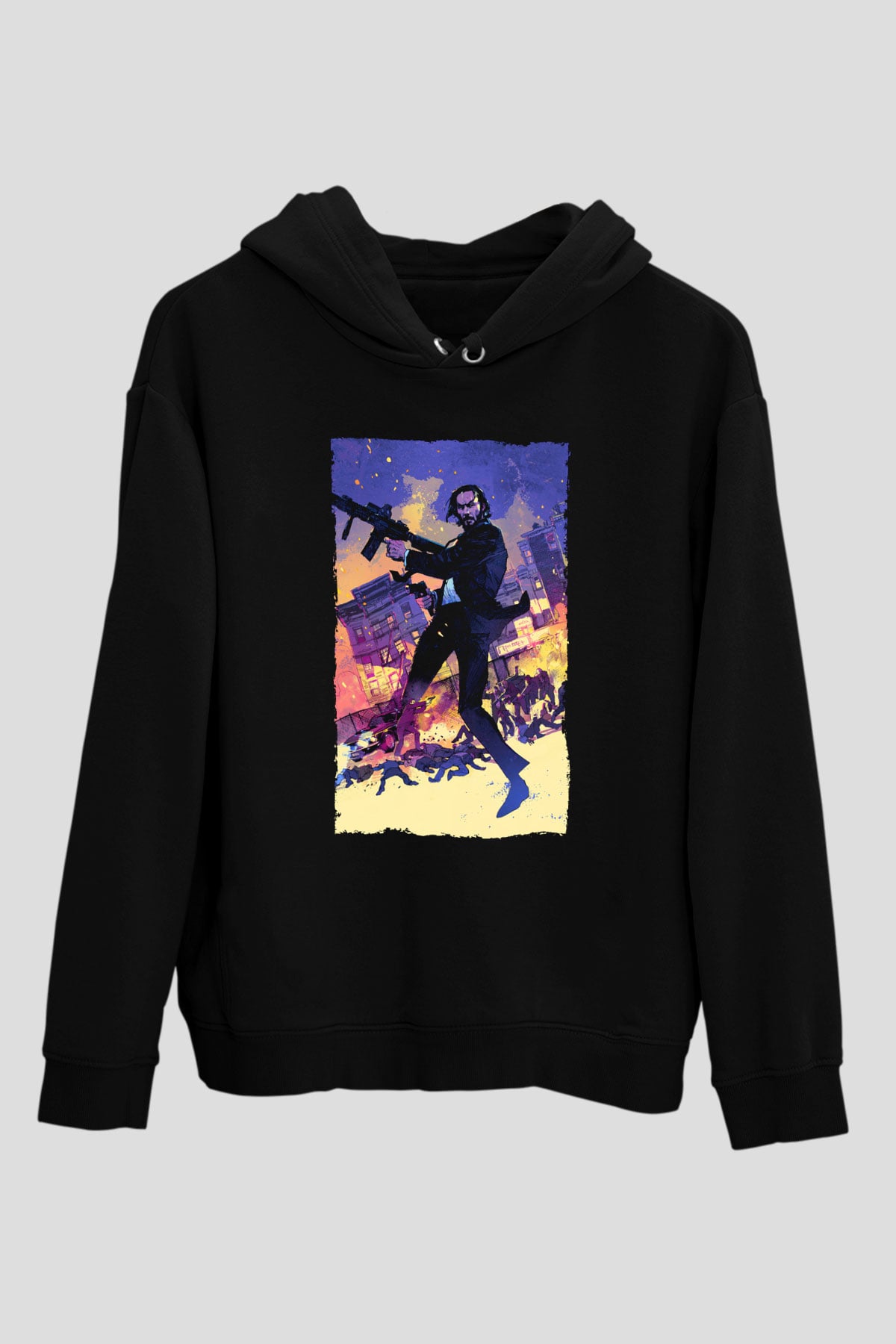 Unisex John Wick Baskılı Siyah Unisex Kapüşonlu Sweatshirt