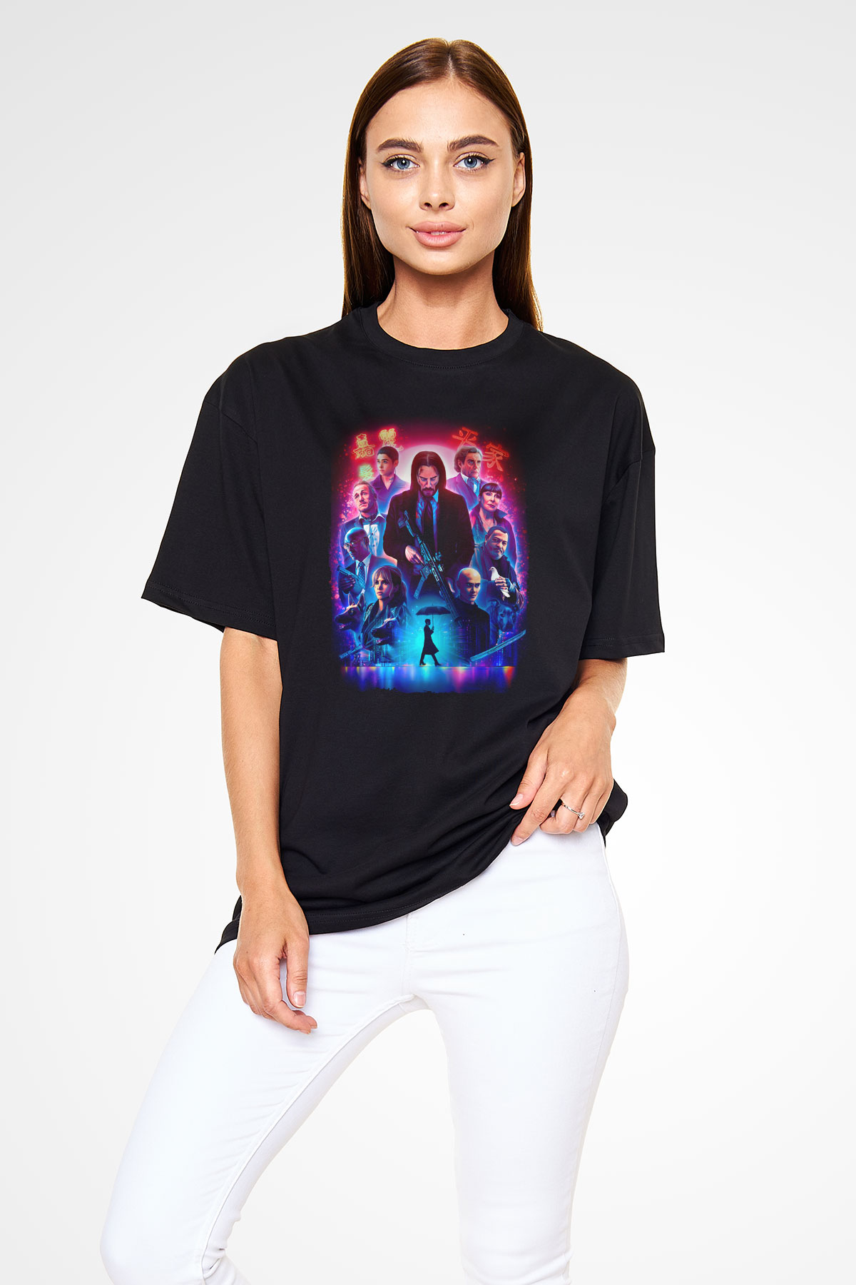Unisex John Wick Serisi (John Wick) Baskılı Siyah Oversize Tshirt