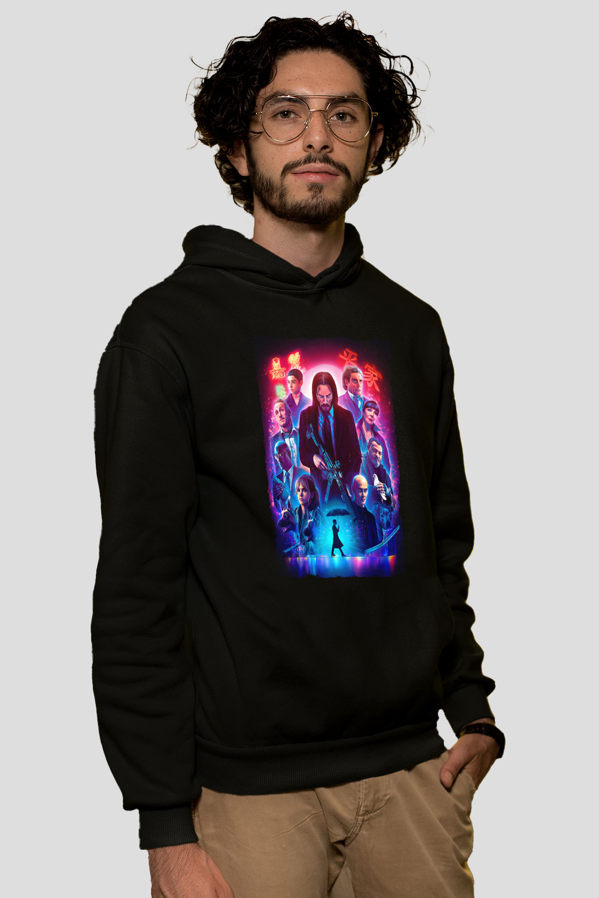 Unisex John Wick Serisi (John Wick) Baskılı Siyah Kapüşonlu Sweatshirt