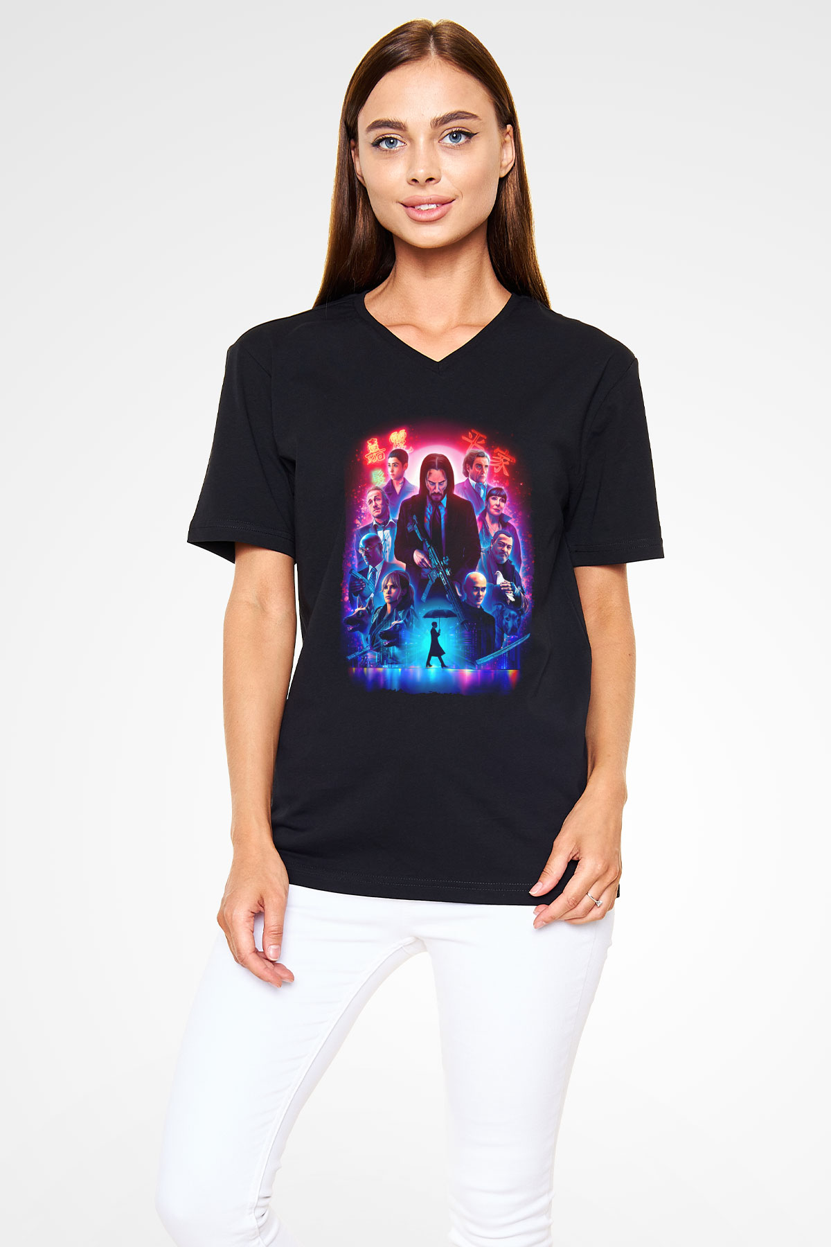 Unisex John Wick Serisi (John Wick) Baskılı Siyah V Yaka Tshirt