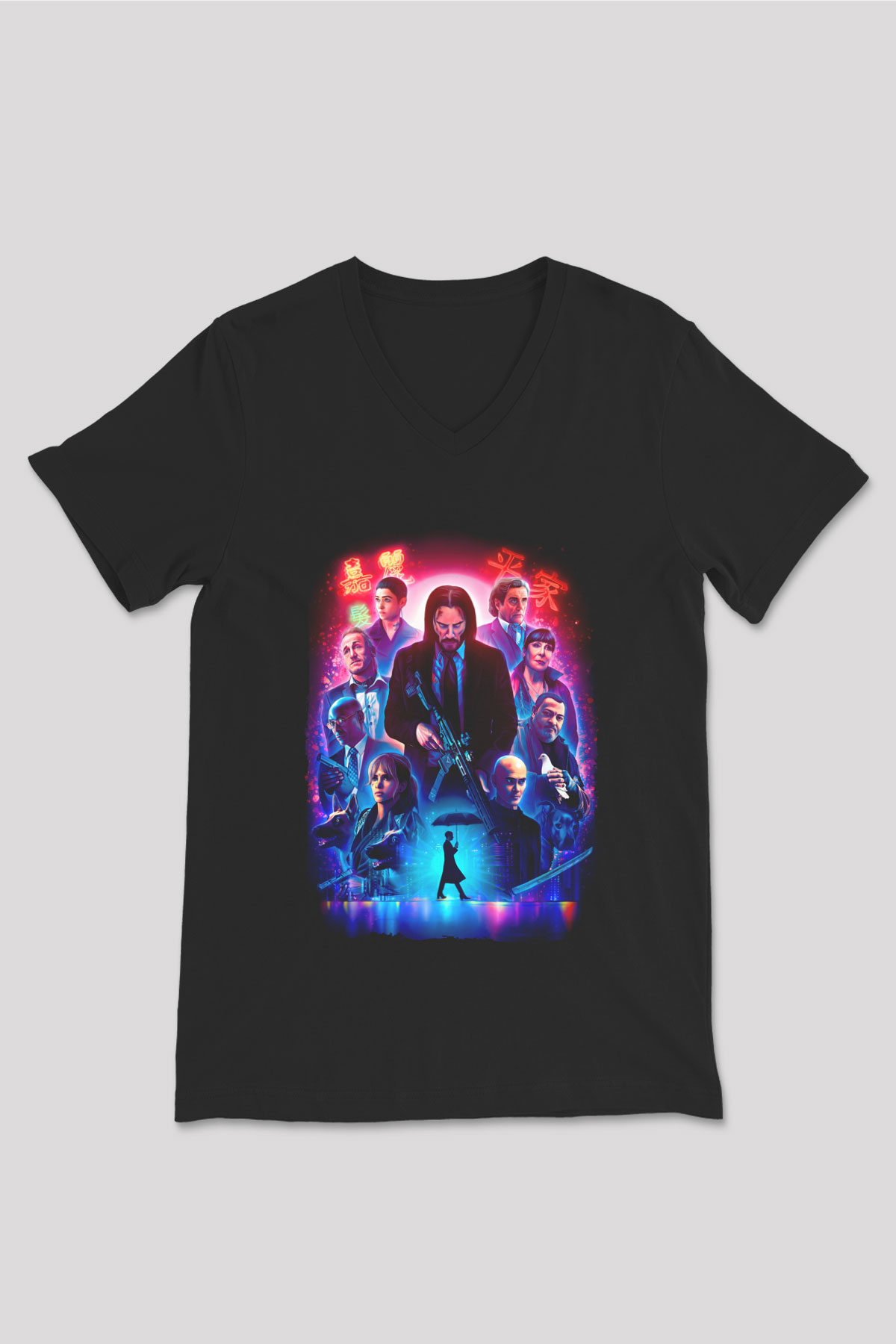 Unisex John Wick Serisi (John Wick) Baskılı Siyah V Yaka Tshirt