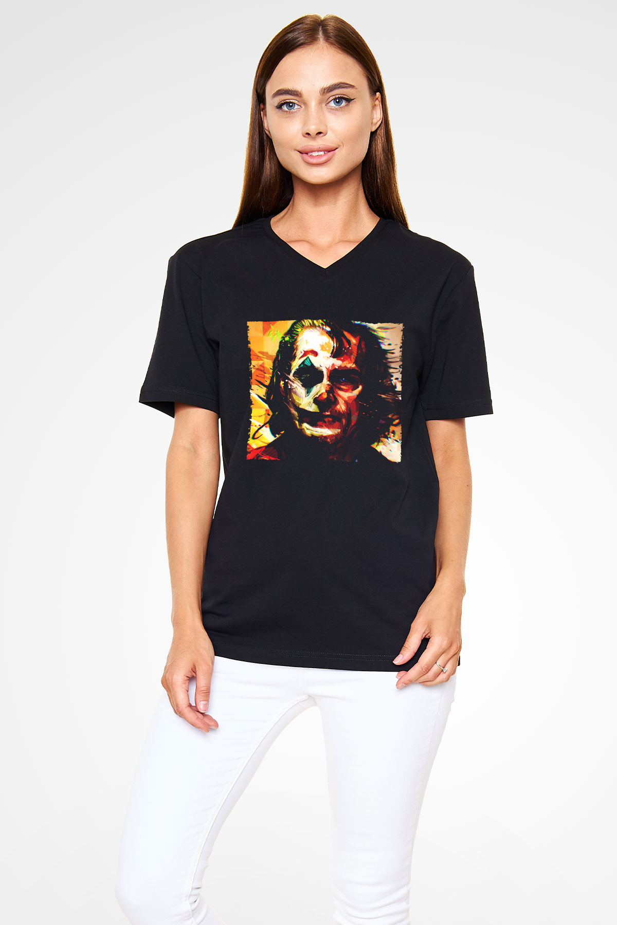Unisex Joker Temalı Baskılı Siyah V Yaka Tshirt