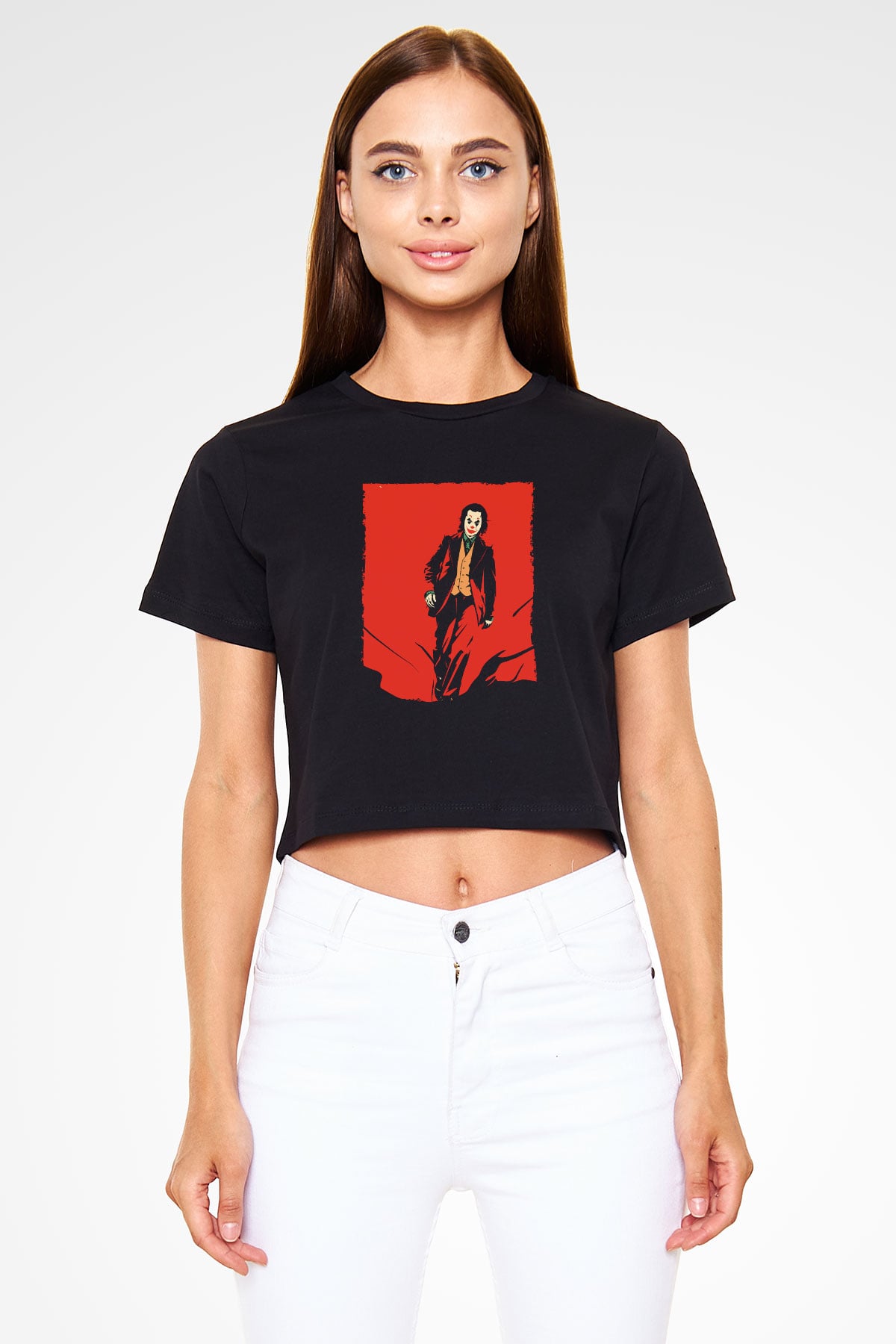 Unisex Joker Temalı Siyah Unisex Crop Top Tshirt