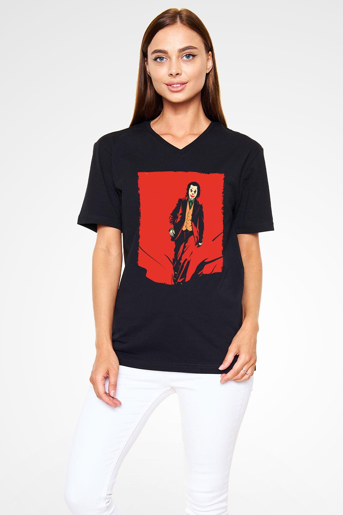 Unisex Joker Temalı Siyah Unisex V Yaka Tshirt