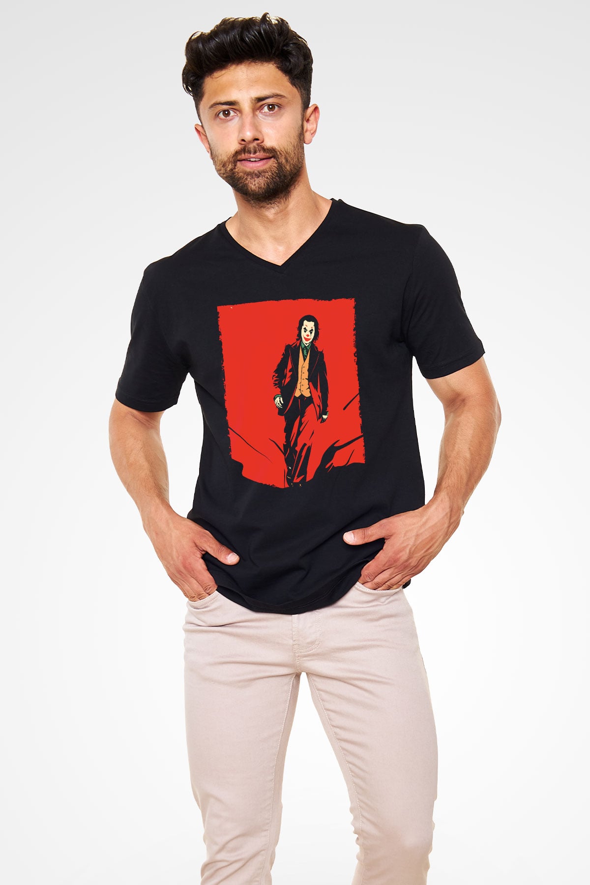 Unisex Joker Temalı Siyah Unisex V Yaka Tshirt
