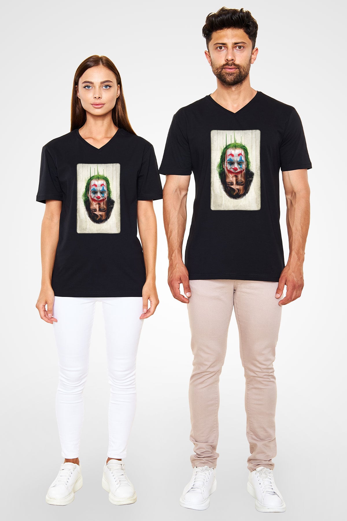 Unisex Joker Unisex Baskılı Siyah V Yaka Tshirt