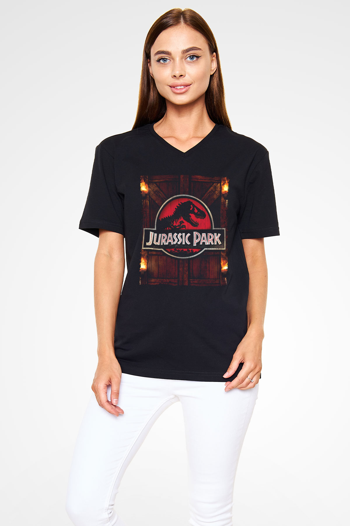 Unisex Jurassic Park Baskılı Siyah V Yaka T-shirt