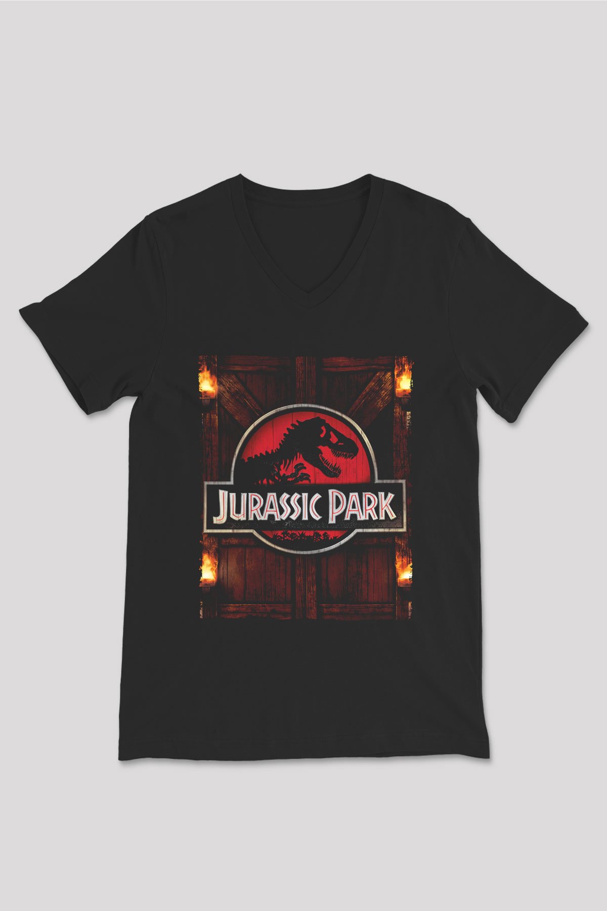 Unisex Jurassic Park Baskılı Siyah V Yaka T-shirt