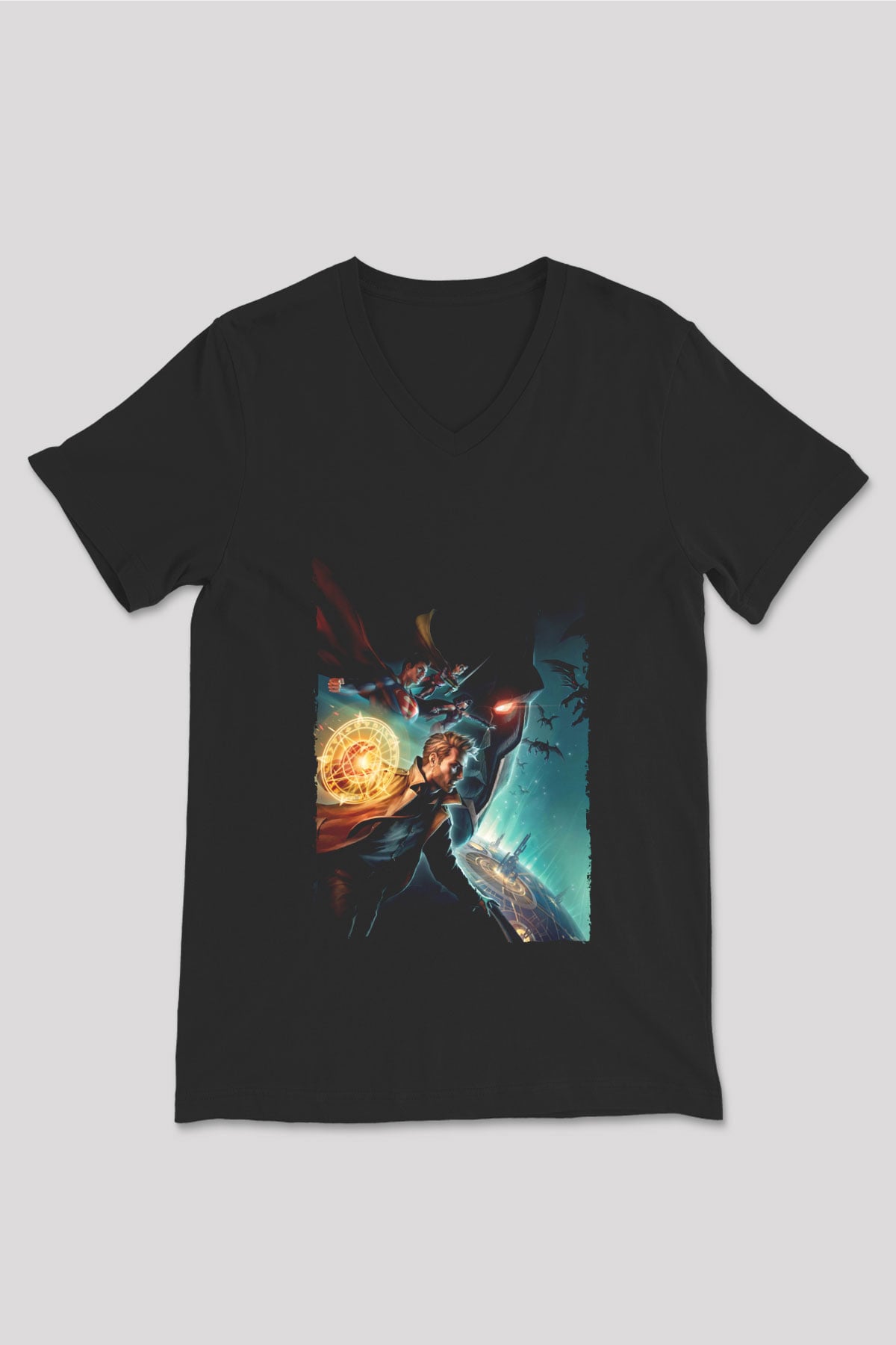 Unisex Justice League Dark Apokolips War Baskılı Siyah V Yaka Tişört