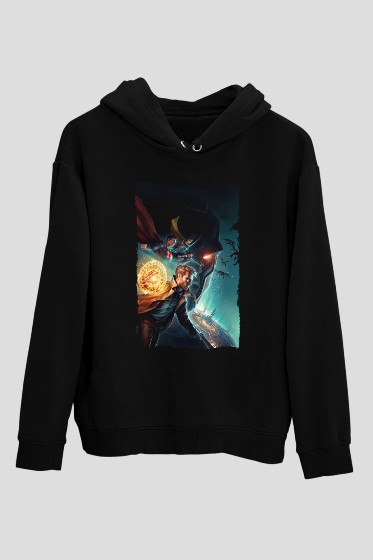 Unisex Justice League Dark Apokolips War Baskılı Siyah Kapüşonlu Sweatshirt