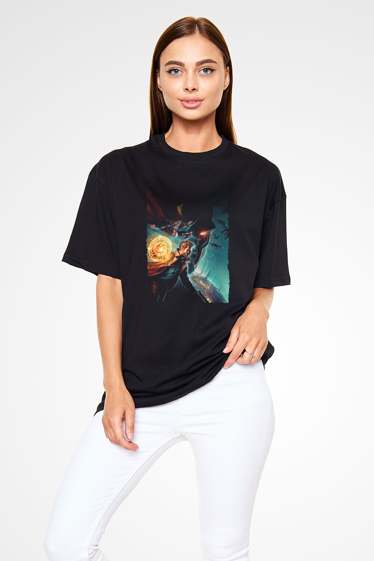 Unisex Justice League Dark Apokolips War Baskılı Siyah Oversize Tişört