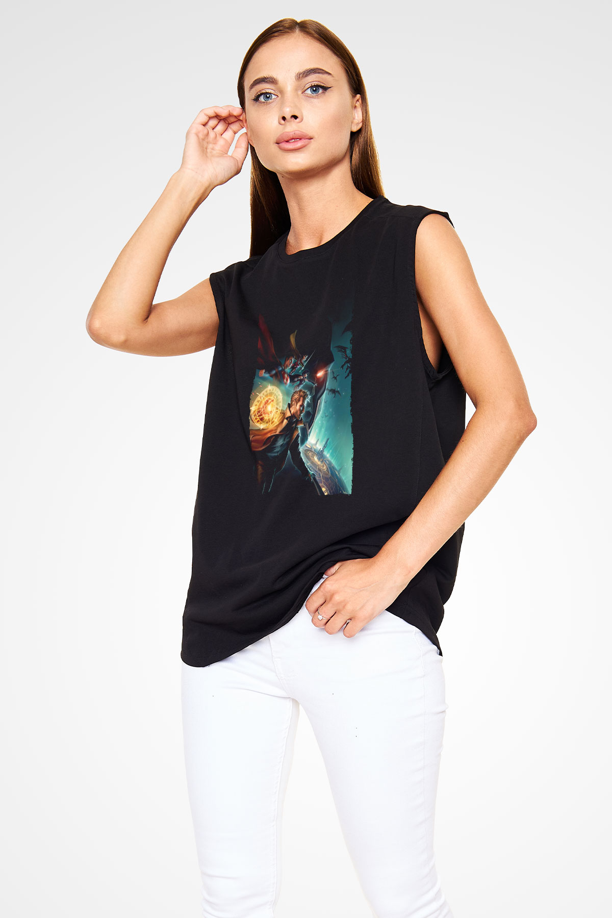 Unisex Justice League Dark Apokolips War Baskılı Siyah Kolsuz Tişört