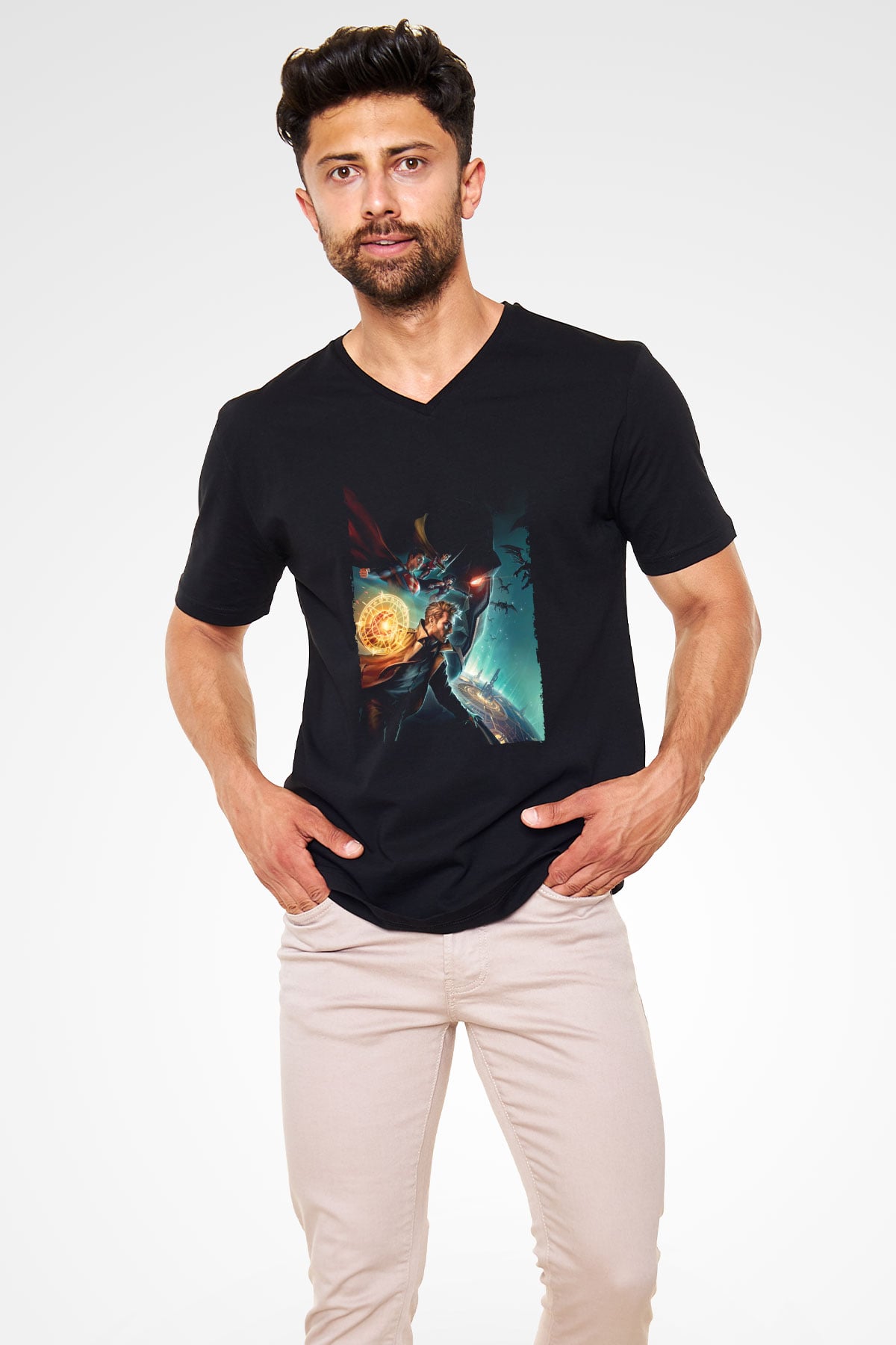Unisex Justice League Dark Apokolips War Baskılı Siyah V Yaka Tişört