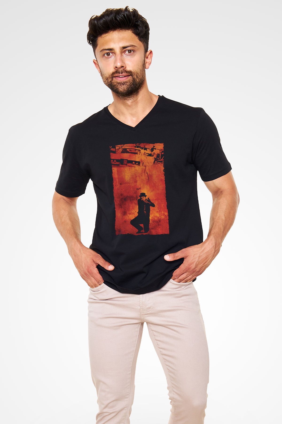 Unisex Kanunun Kuvveti (The French Connection) Baskılı Siyah V Yaka Tshirt