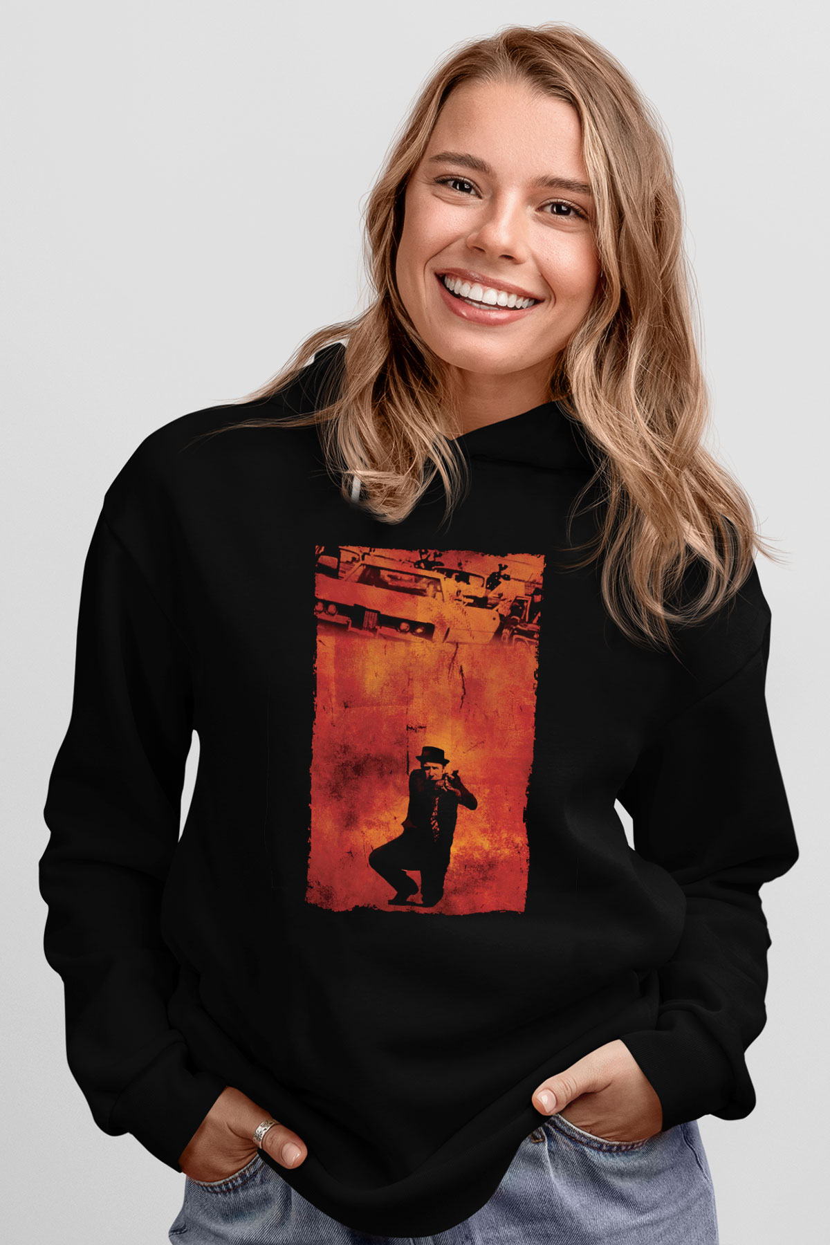 Unisex Kanunun Kuvveti (The French Connection) Baskılı Siyah Kapüşonlu Sweatshirt