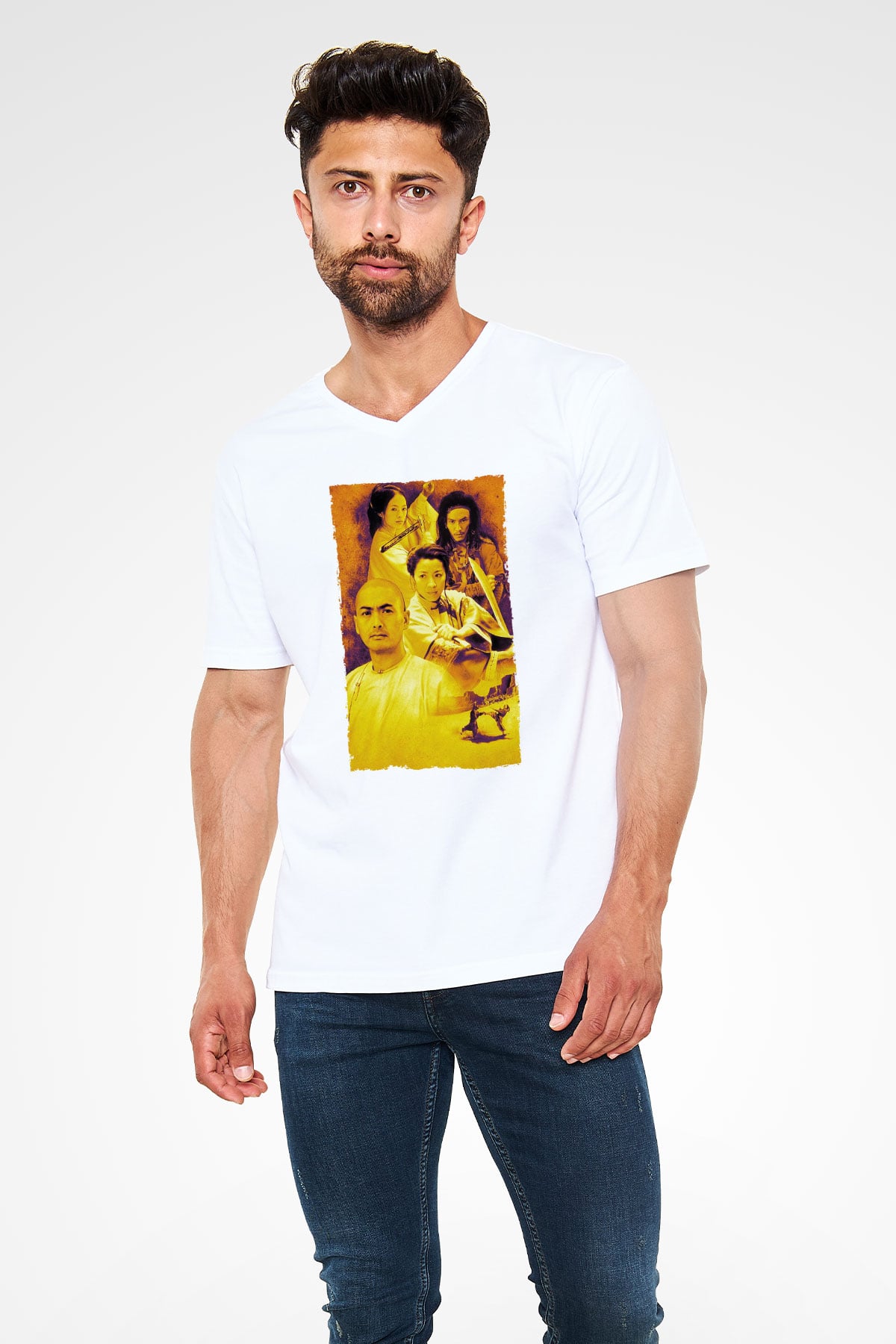 Unisex Kaplan ve Ejderha - Crouching Tiger, Hidden Dragon Baskılı Beyaz V Yaka Tişört