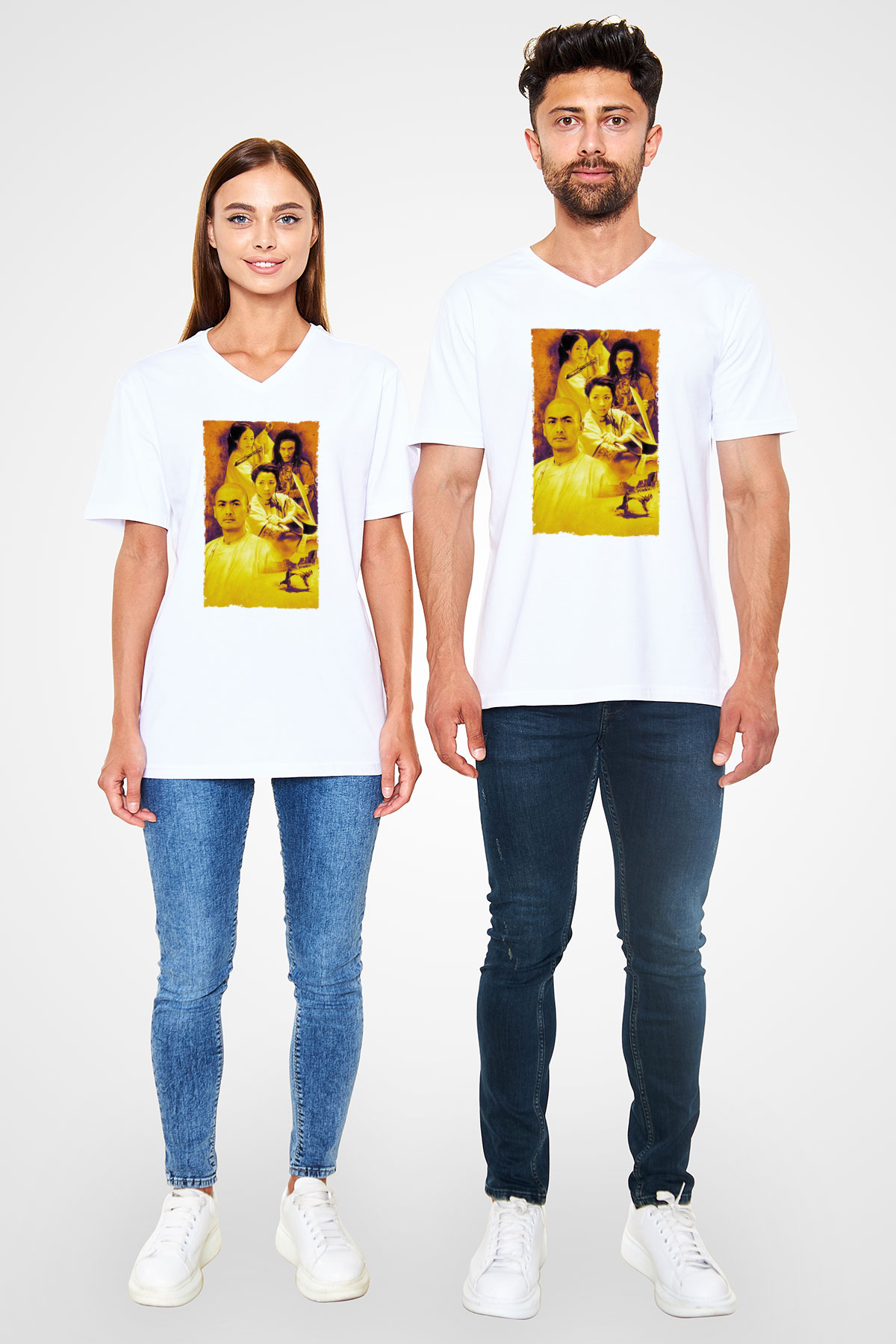 Unisex Kaplan ve Ejderha - Crouching Tiger, Hidden Dragon Baskılı Beyaz V Yaka Tişört