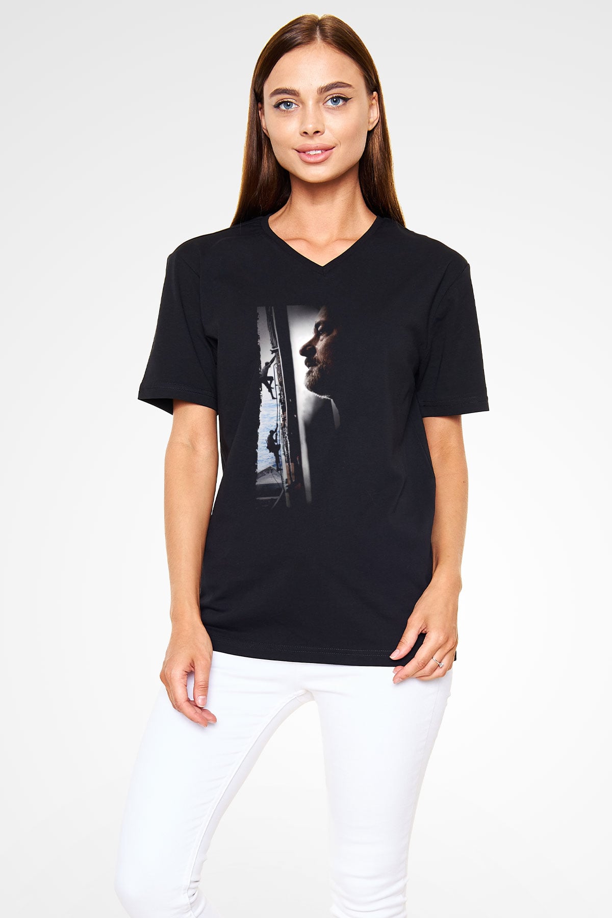 Unisex Kaptan Phillips (Captain Phillips) Baskılı Siyah V Yaka T-shirt