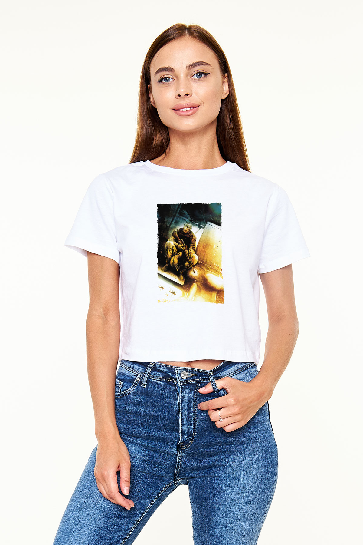 Unisex Kara Şahin Düştü - Black Hawk Down Baskılı Beyaz Crop Top Tişört